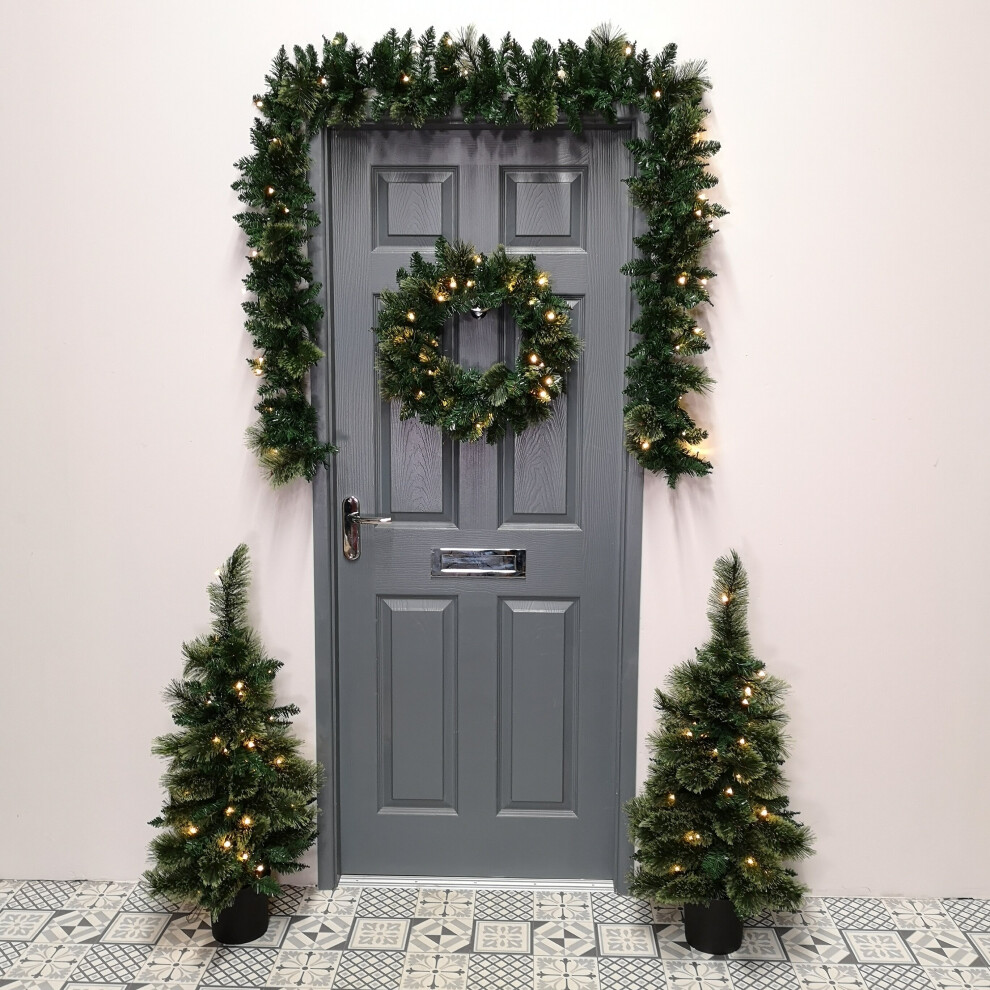 Premier Set Of 4 Pre Lit Christmas Door Decoration Kit Pvc/ Cashmere - 90Cm Trees / Garland & 50Cm Wreath