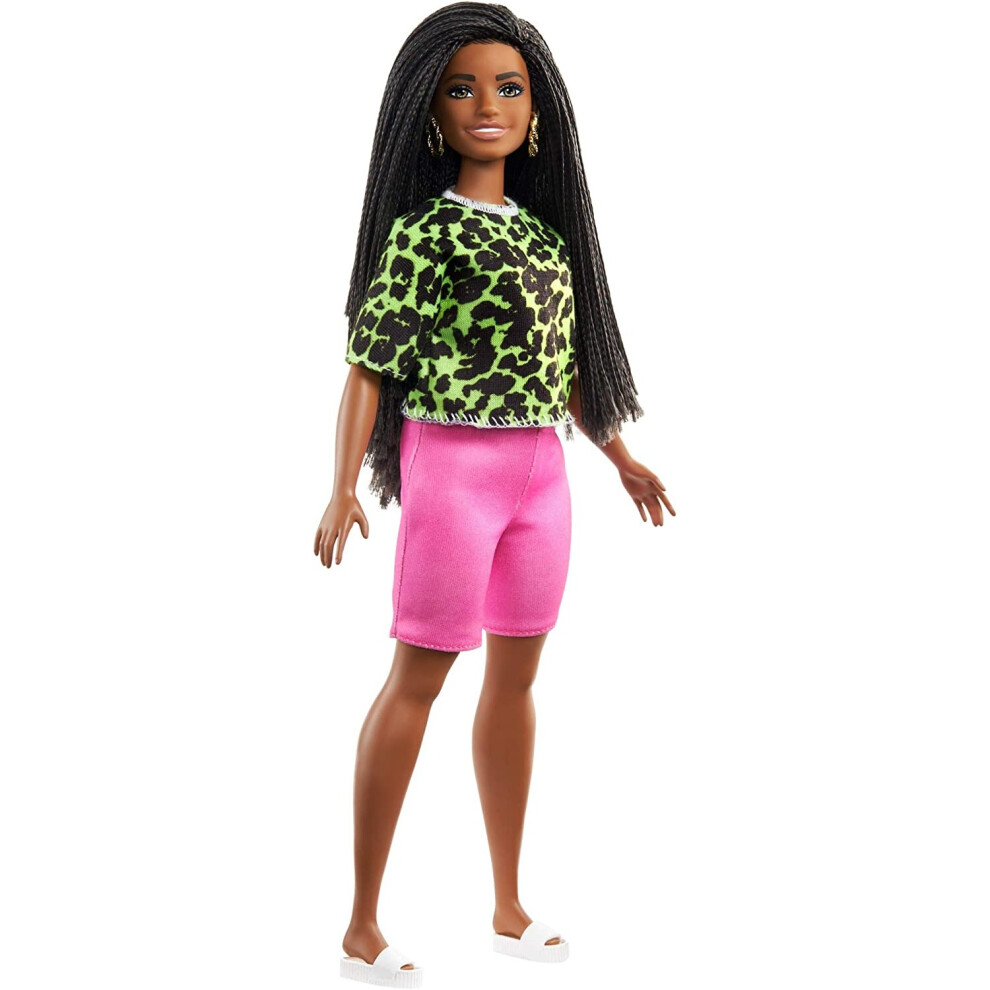 Barbie Fashionistas Brunette Braids With Neon Animal Print Shirt Doll Green