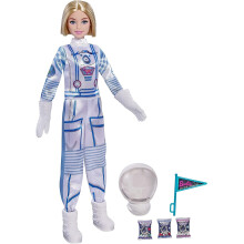 Barbie Astronautenpuppe für Raumfahrt, blond, mit Raumanzug, Helm, Handschuhen, Flagge & 3 Mini-Packs Astronautenessen