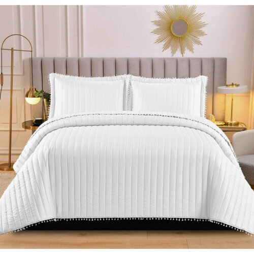 (Double, White) New Luxury Embossed Quilted Pom Pom Bedding Set