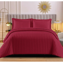 (Super King, Red) New Luxury Embossed Quilted Pom Pom Bedding Set