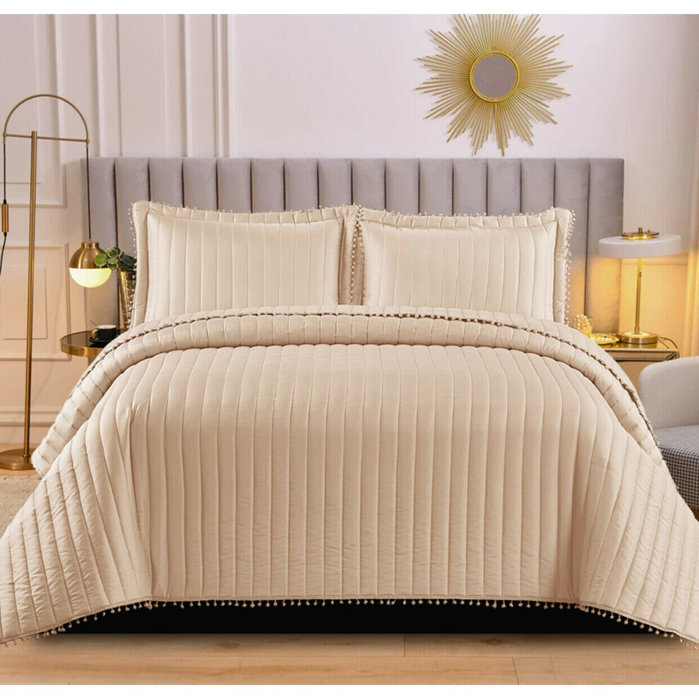 (Double, Beige) New Luxury Embossed Quilted Pom Pom Bedding Set