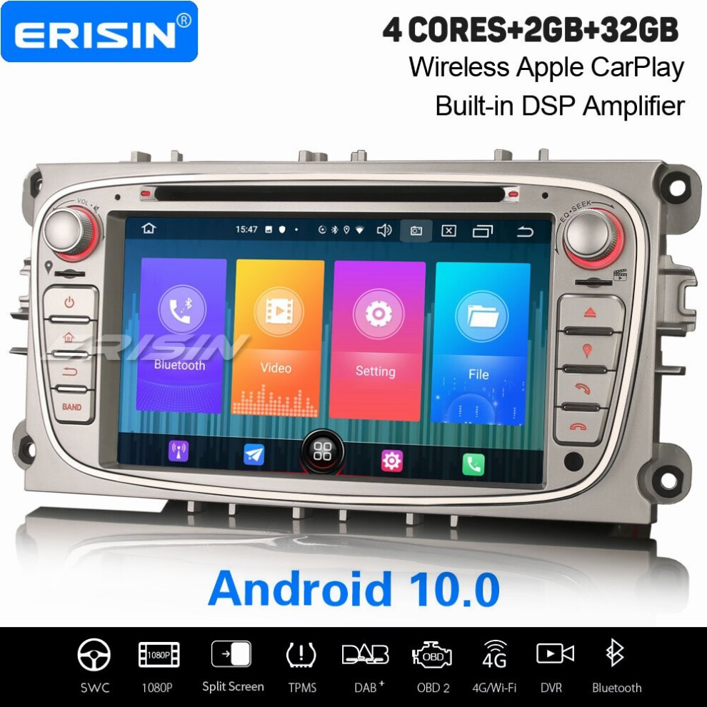 Erisin 7" Android 10.0 Car Stereo Carplay Dab+ Navi Bt Wifi Ford Mondeo Focus S/C-Max Galaxy 3-Ui