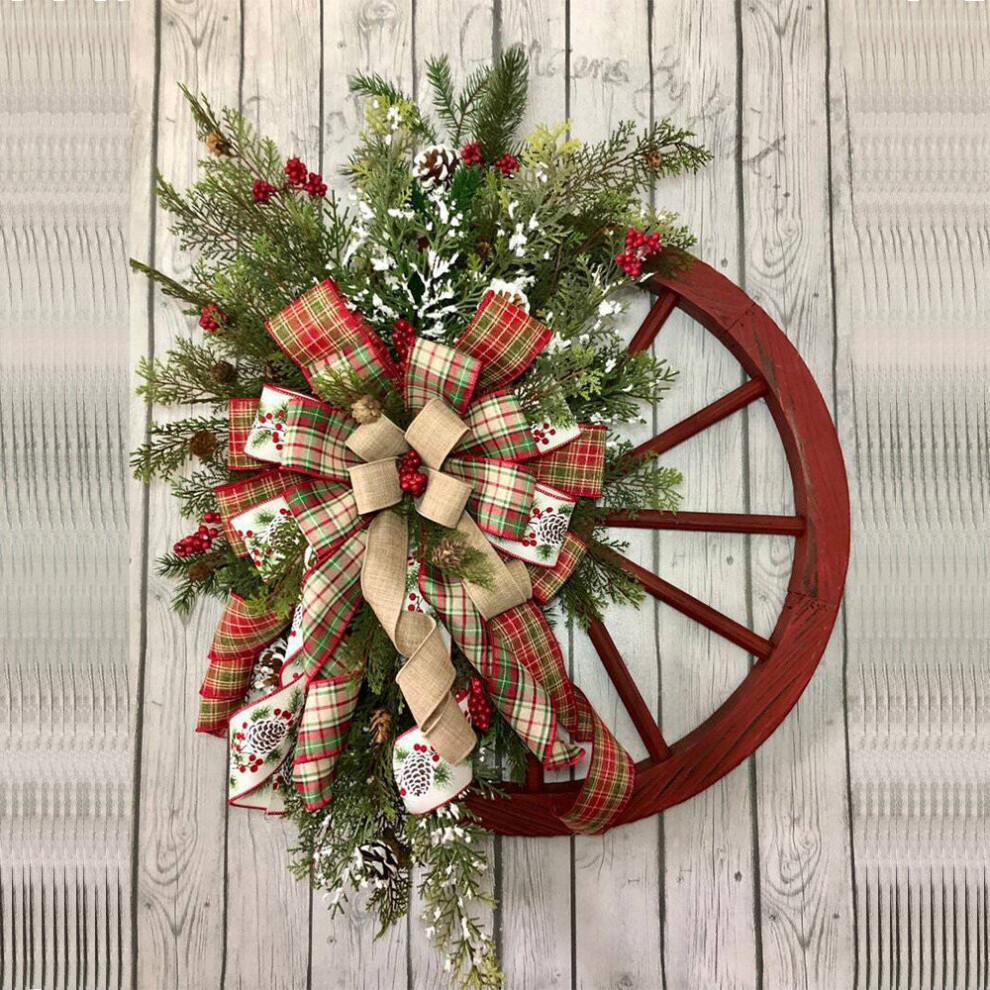 (45cm) Christmas Winter Wreath Wall Hanging Farmhouse Vintage Wagon Wheel Xmas Decor