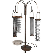 Metal Complete Bird Feeding Station with 4 Large Feeders - 2.4m Hammertone Bronze, includes water dish, bird bath & mealworm tray, fat snax hanger