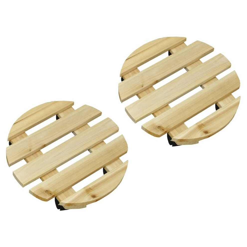 Set of 2 Round Wooden Plant Pot Trolley Movers (30cm)