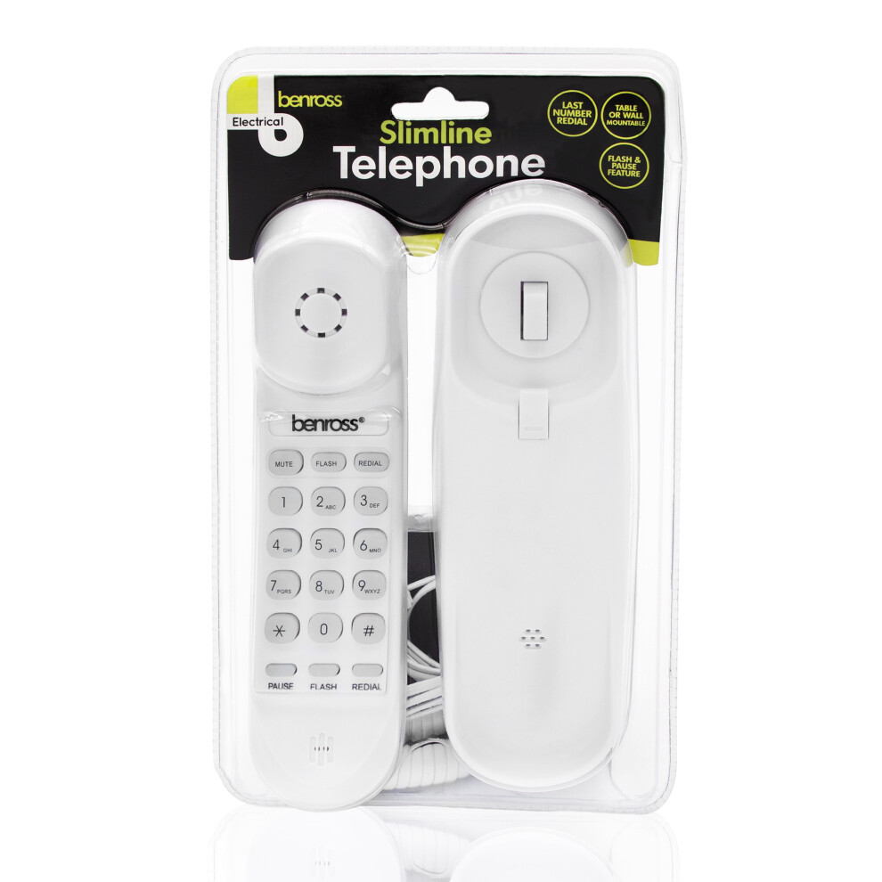 Benross 44560 Slimline Corded Telephone / Table & Wall Mountable / White