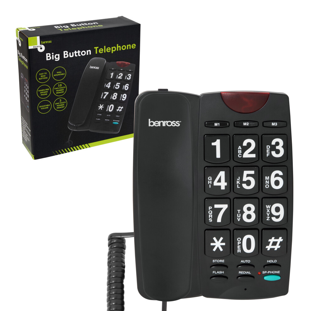 (Black) Benross Big Button Landline Telephones with LED Ringer Light