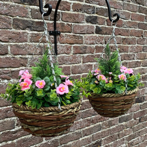 Selections Set of 2 x Artificial Azalea Topiary Hanging Baskets (25cm) 1