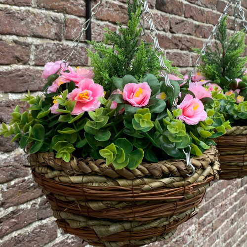 Selections Set of 2 x Artificial Azalea Topiary Hanging Baskets (25cm) 2