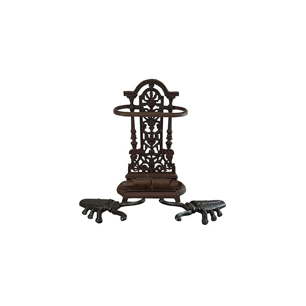 Cast Iron Umbrella Stand & Two Cast Iron Beetle Boot Jacks