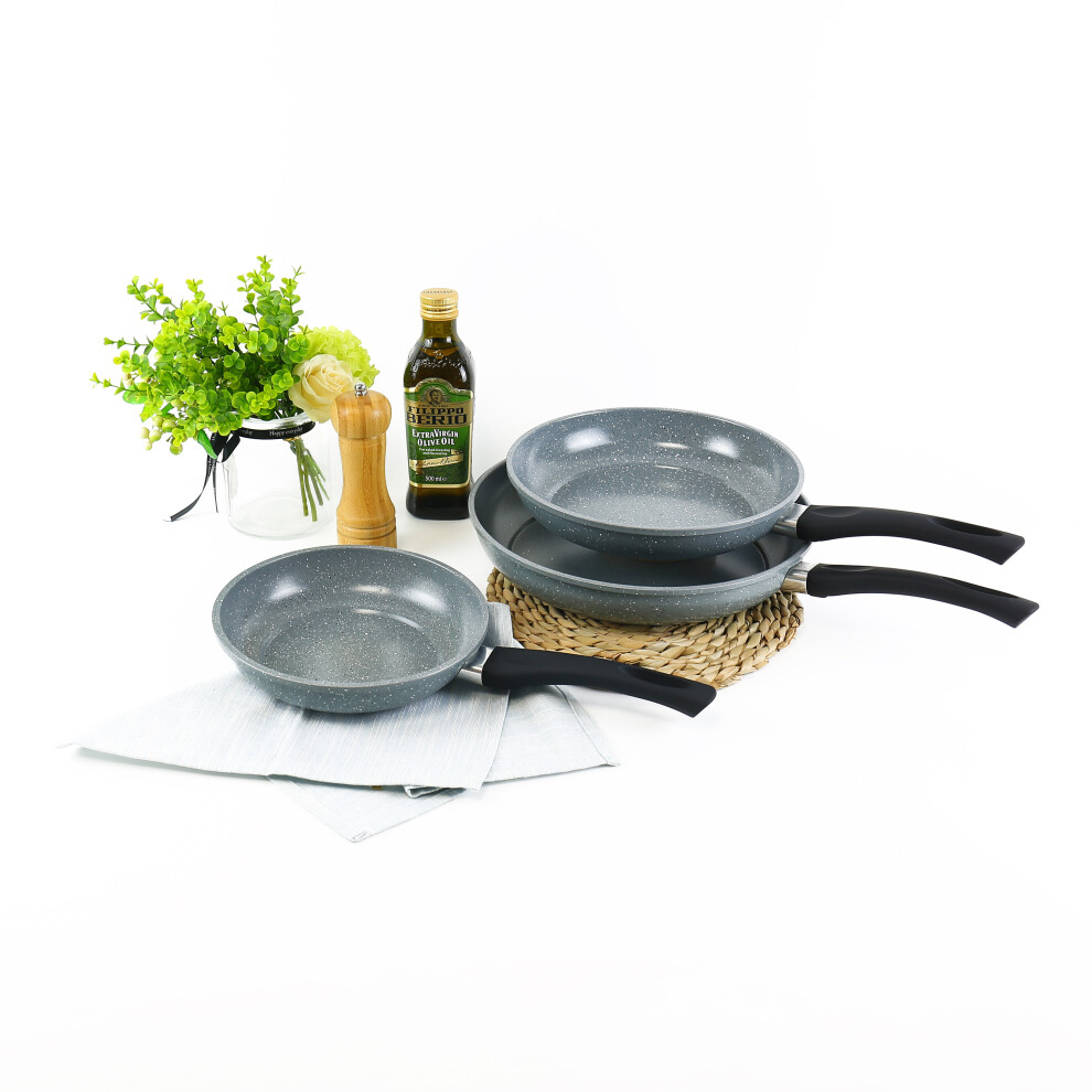 URBN-CHEF 3 Pc Forged Carbon Steel Marble Grey Pot Non-stick Frying Pan Set