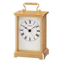Seiko Gold Tone Quartz Battery Carriage Mantel Clock with Clear Easy to See Face and Beep Alarm QHE093G