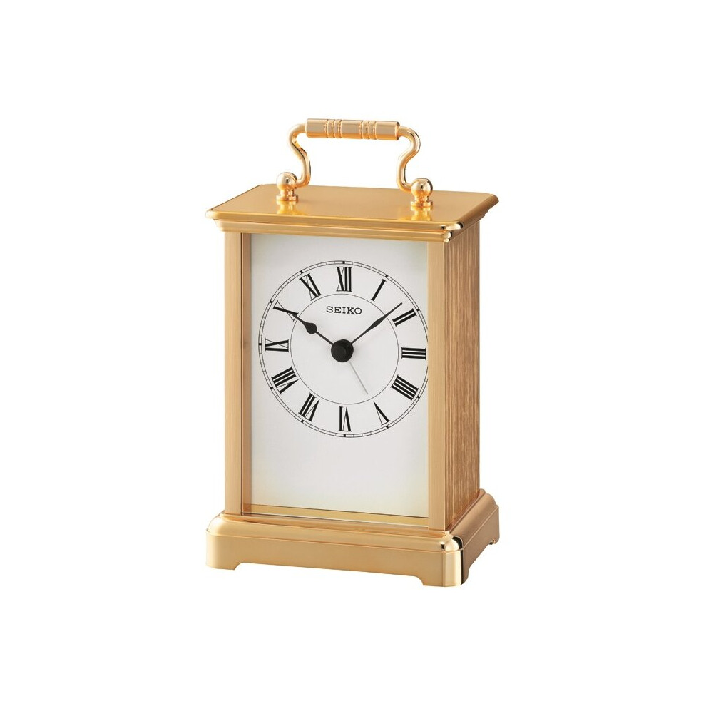 Seiko Gold Tone Quartz Battery Carriage Mantel Clock with Clear Easy to See Face and Beep Alarm QHE093G