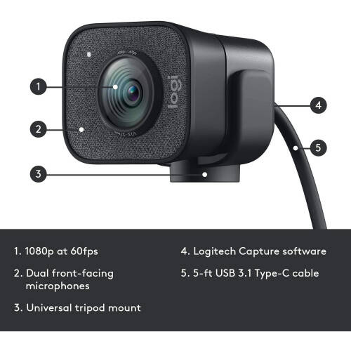 Logitech Logitech StreamCam Web Camera, 1080P HD 60fps Streaming Webcam with USB-C and Built-in Microphone, Graphite - Black 1