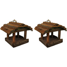 Set of 2 Rustic Wooden Hanging Bird Table Feeders – 19x17x15 cm with 16x17 cm Feeding Platform