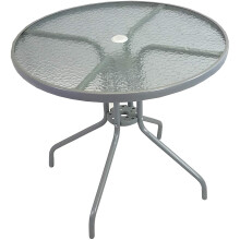 Table for Tresco 6-Piece Garden Furniture Set: Grey Powder-Coated Steel Table with Glass Top, Parasol Hole, 70x80x80 cm