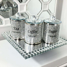 Silver Crushed Diamond Crystal-Filled Glass Canister Set for Tea, Coffee & Sugar (3-Pack)