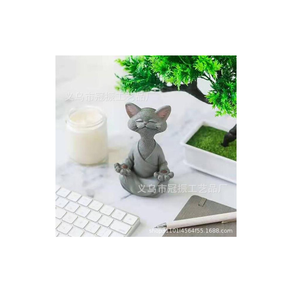 (Grey) Whimsical Buddha Cat Figurine Meditation Yoga Collectible Happy Cat Decor Grey