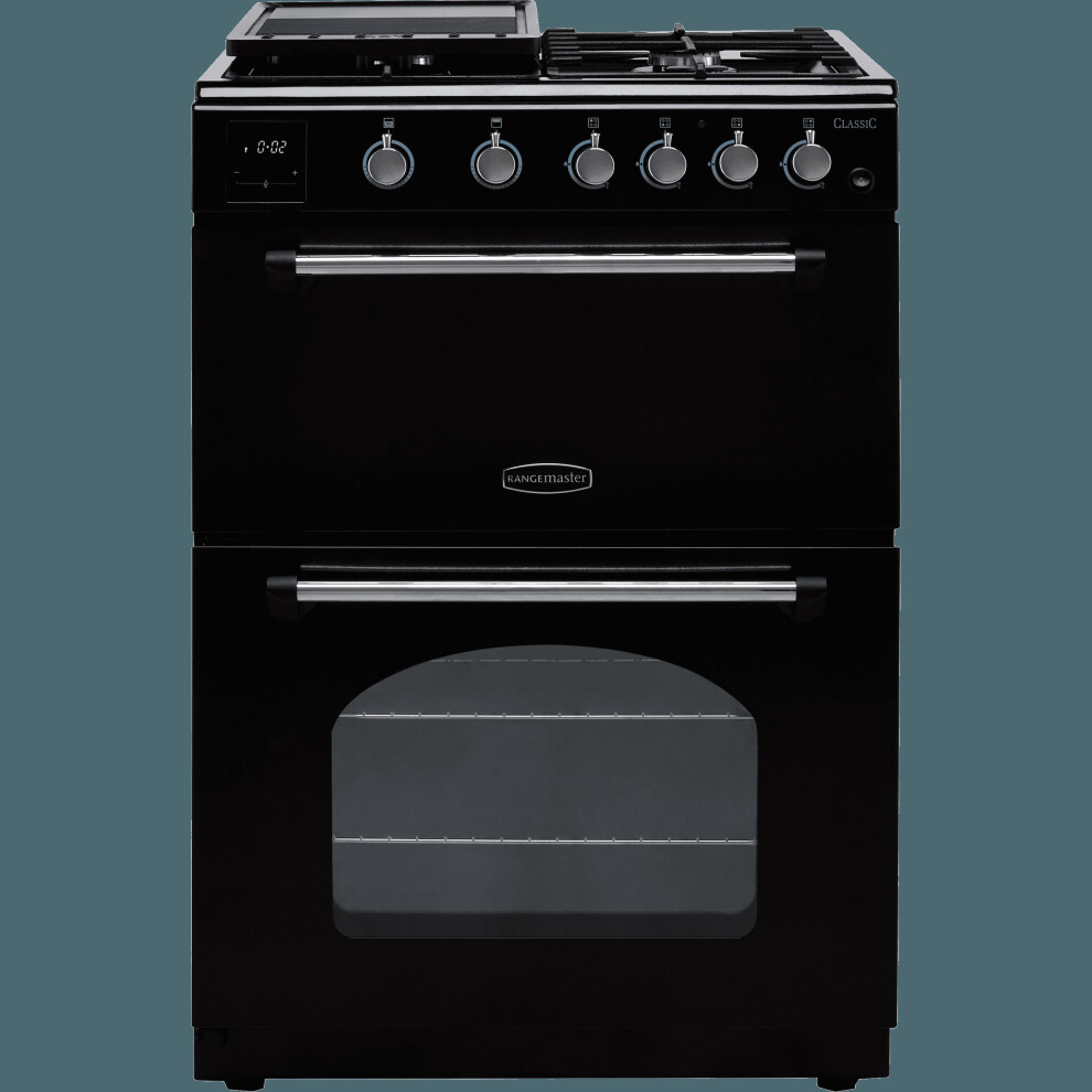 Rangemaster Classic 60 CLA60NGFBL/C Gas Cooker with Full Width Electric Grill - Black / Chrome