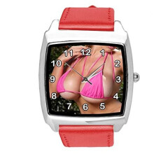 red Leather Quartz Square Watch for Boobs Fans
