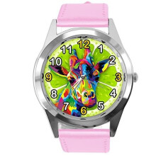 Baby Pink Leather Quartz Round Watch for Giraffe Fans