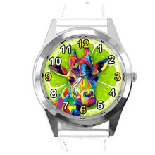 White Leather Quartz Round Watch for Giraffe Fans