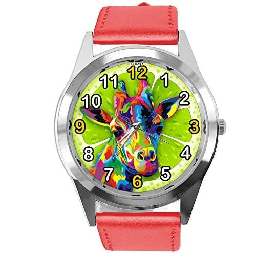 red Leather Quartz Round Watch for Giraffe Fans