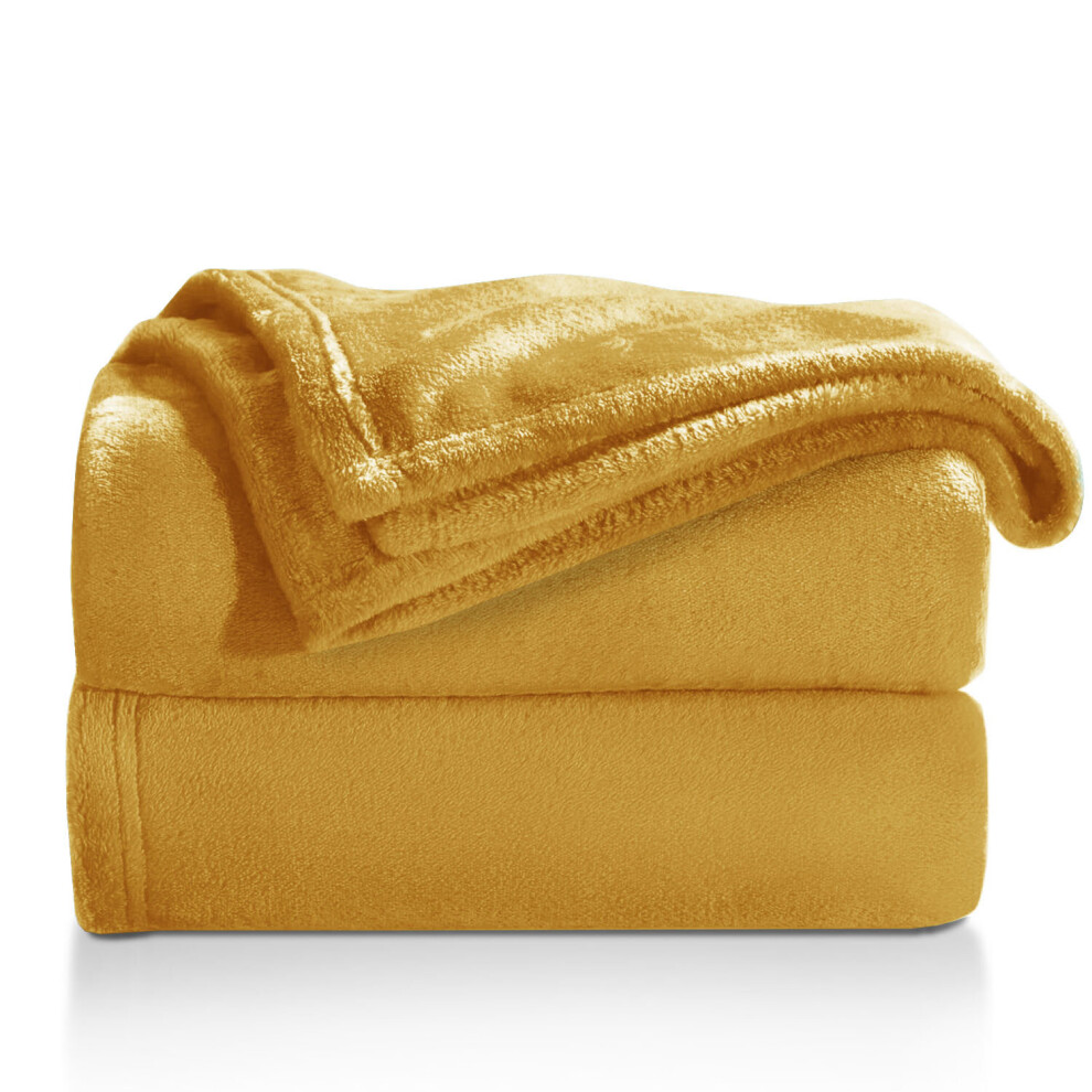 (MUSTARD, DOUBLE) Faux Fur Fleece Throw Soft Warm Bed Blankets