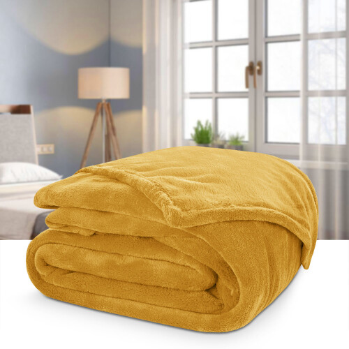(MUSTARD, KING) Soft Thick Fleece Blanket Sofa/Couch/Bed Throw UK 1