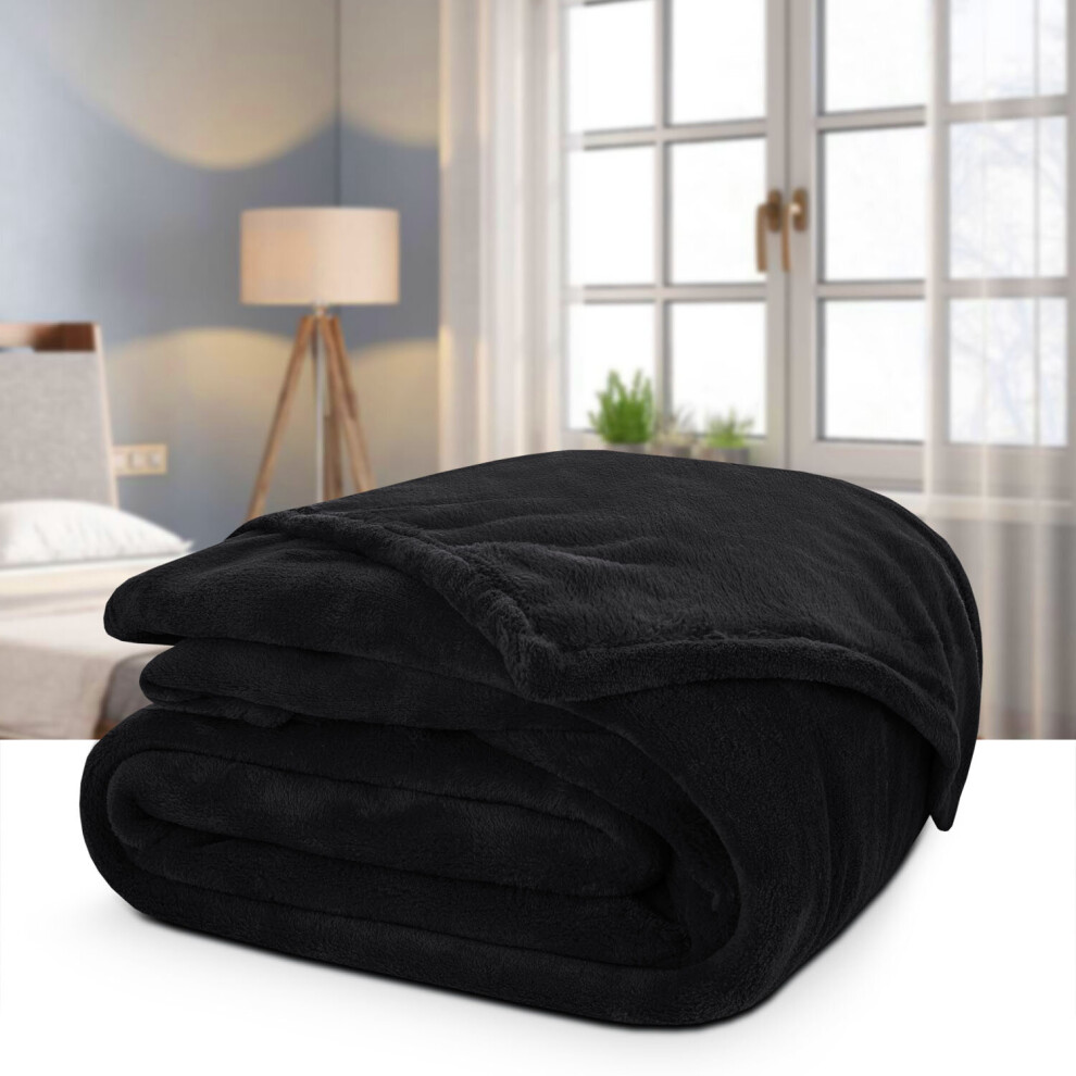 (BLACK, DOUBLE) Soft Warm Blankets Fleece Sofa Bed Throw Fluffy