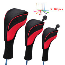 (Black Red) Golf covers Head Covers Driver 1 3 5 Fairway Woods Headcovers for Golf Club Fits All Fairway and Driver Clubs 3Pcs+100pcs Wooden Golf Tees