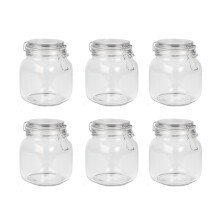 Maison & White 1L Glass Storage Jars with Clip Top Lids (Set of 6) - Airtight, Leakproof, Clear Glass with Labels