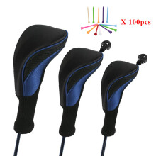 (Black Blue) Golf covers Head Covers Driver 1 3 5 Fairway Woods Headcovers for Golf Club Fits All Fairway and Driver Clubs 3Pcs+100pcs Wooden Golf Tees