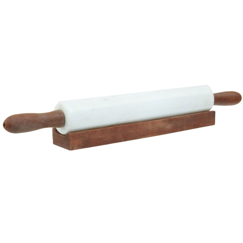 Premier Housewares Ziarat Marble Rolling Pin With Wooden Ergonomic Handles And Stand – Handcrafted Kitchen Essential White