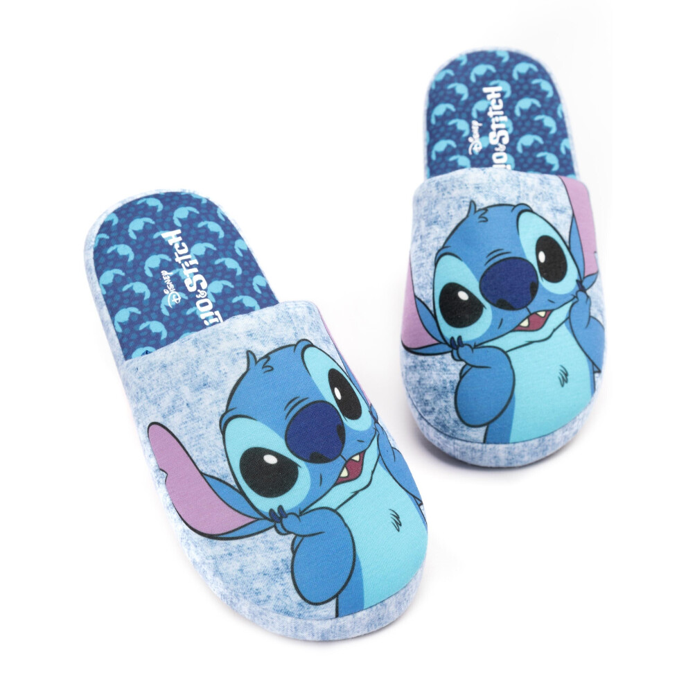 (7-8 UK) Disney Lilo And Stitch Slippers Womens Ladies Slip On Blue House Loafers