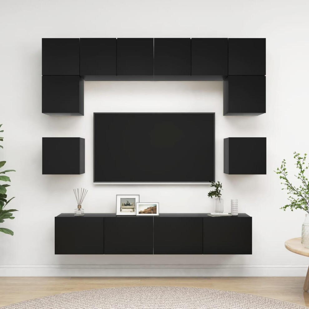 vidaXL TV Cabinet Set 8 Piece Black Chipboard Lowboard Living Room Furniture