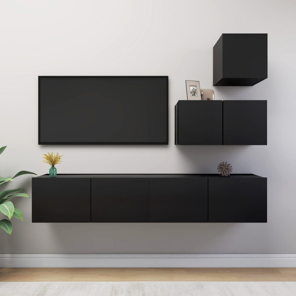 vidaXL TV Cabinet Set 4 Piece Black Engineered Wood Living Room Furniture