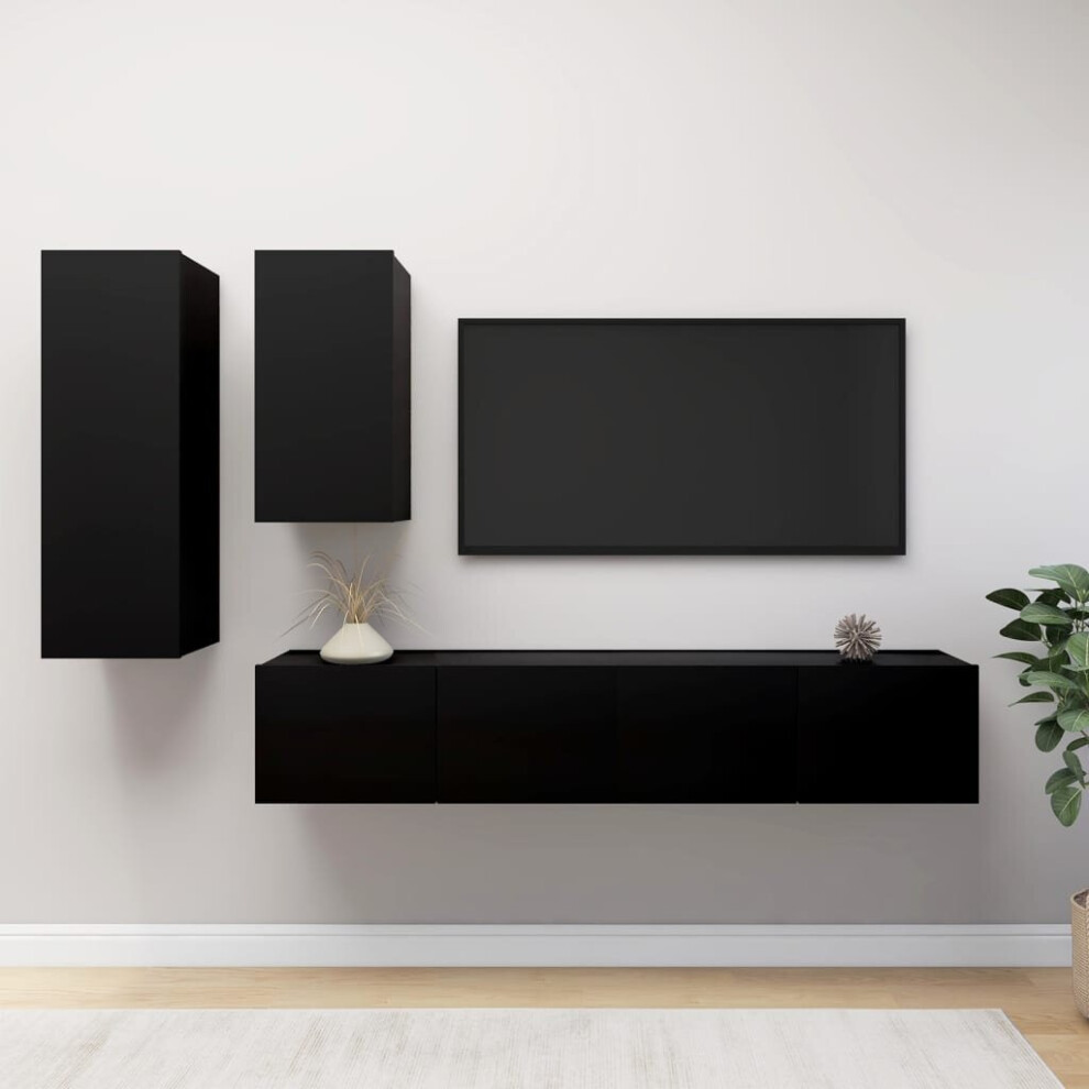 vidaXL TV Cabinet Set 4 Piece Black Engineered Wood Furniture TV Stand Cabinet
