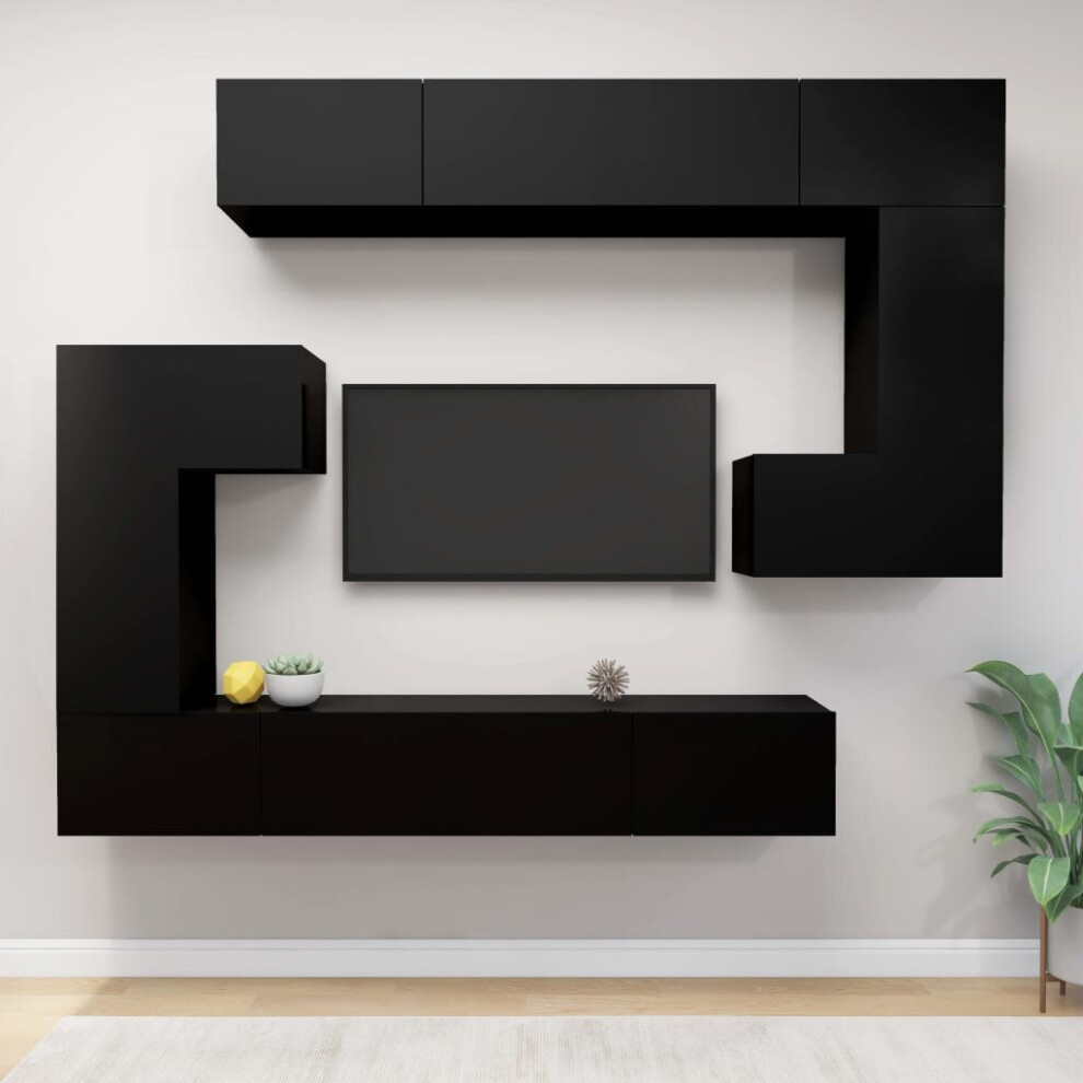 vidaXL TV Cabinet Set 8 Piece Black Engineered Wood Furniture TV Stand Cabinet