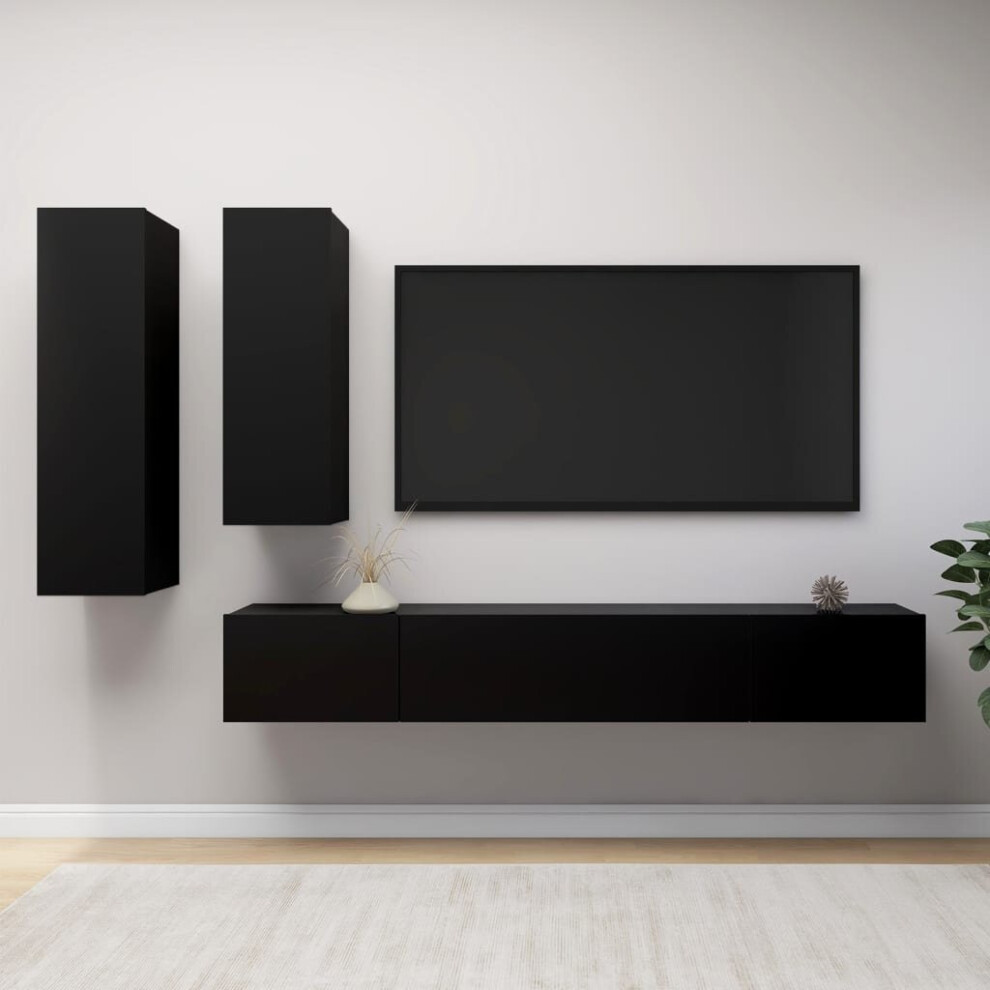 vidaXL TV Cabinet Set 4 Piece Black Engineered Wood Furniture TV Stand Cabinet