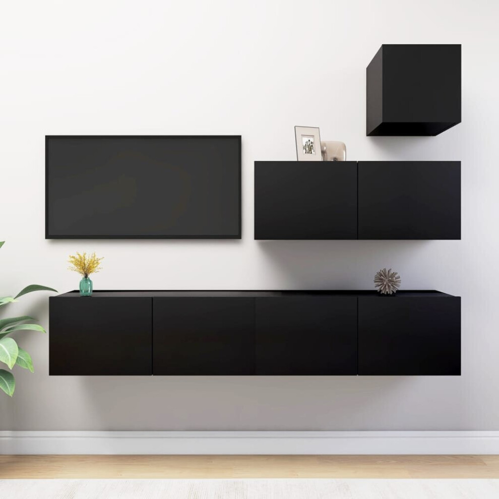 vidaXL TV Cabinet Set 4 Piece Black Chipboard Lowboard Living Room Furniture