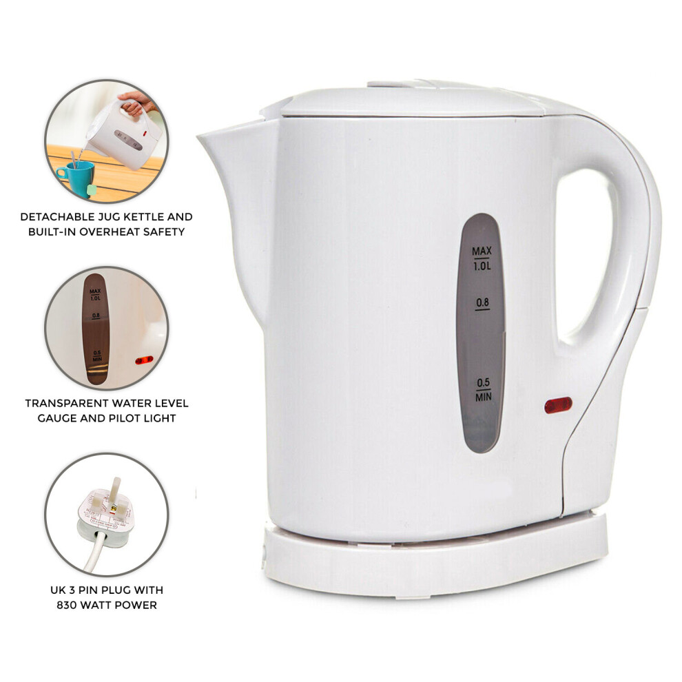 WHITE 1 LITRE 830W ELECTRIC CORDLESS KITCHEN KETTLE CARAVAN TRAVEL HOT WATER JUG