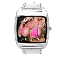 Silver Leather Quartz Square Watch for Boobs Fans