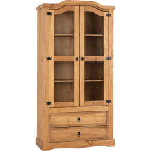 Corona 2 Door 2 Drawer Glass Display Unit Distressed Waxed Pine