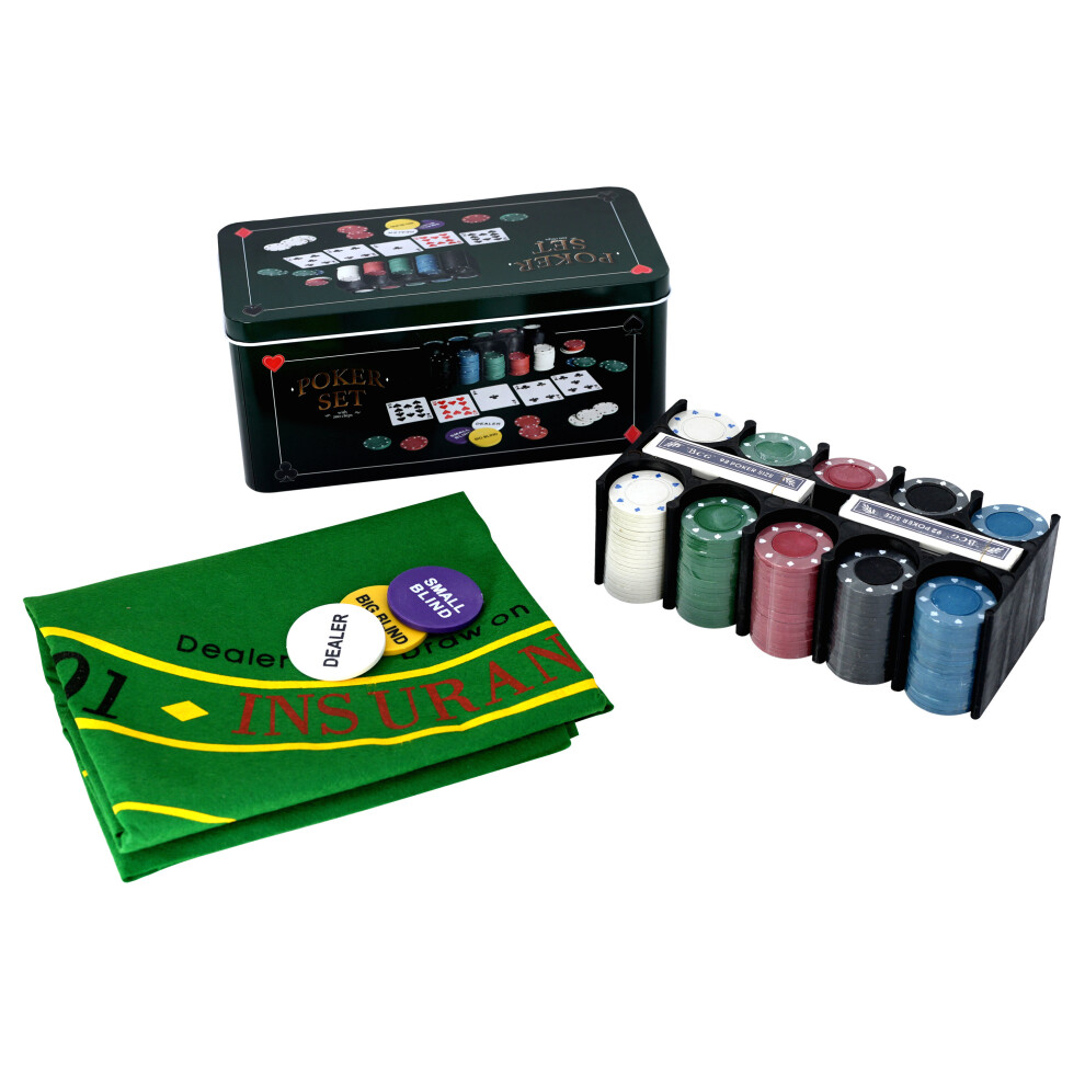 The Magic Toy Shop Poker Set 200 Pcs Casino Gaming With Mat 2 Card Decks Casino Chips In Metal Box