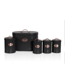 (Black) 5pc Kitchen Storage Container Set - Bread Bin + Tea Sugar Coffee Biscuit Tins