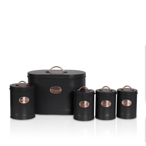 (Black) 5pc Kitchen Storage Container Set - Bread Bin + Tea Sugar Coffee Biscuit Tins