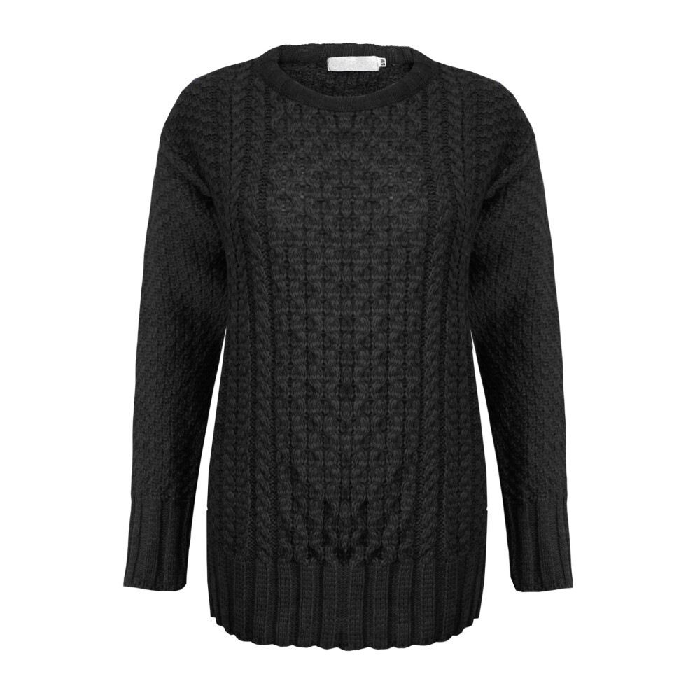 (Black, S-M) New Ladies Women Knitted Cable Knit Jumper Sweater Pullover Top