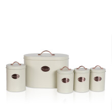 (Cream) 5pc Kitchen Storage Container Set - Bread Bin + Tea Sugar Coffee Biscuit Tins